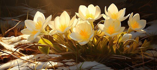 The first blooms of spring emerging from beneath the snow, embracing the warmth of the sunshine