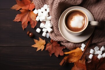 Autumn-themed cozy banner for website, featuring mug of hot chocolate, marshmallows, warm sweater,...