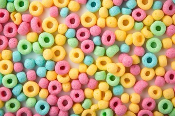 Fototapeta na wymiar Colorful breakfast cereals, multigrain background, morning food for kids.