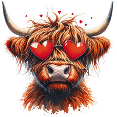 Highland Cow, now with the heart dynamically stretching out from its eyes,Valentines Day,PNG,Clipart,Watercolor
illustration,Isolated on Transparent Background - obrazy, fototapety, plakaty
