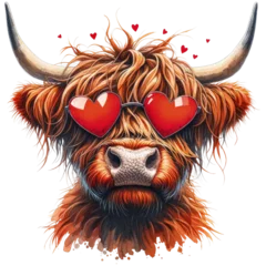 Foto op Canvas Highland Cow, now with the heart dynamically stretching out from its eyes,Valentines Day,PNG,Clipart,Watercolor illustration,Isolated on Transparent Background © peerasak