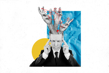 Creative abstract template collage of tired businessman hands head fabrication fake news brainwash freak bizarre unusual fantasy billboard