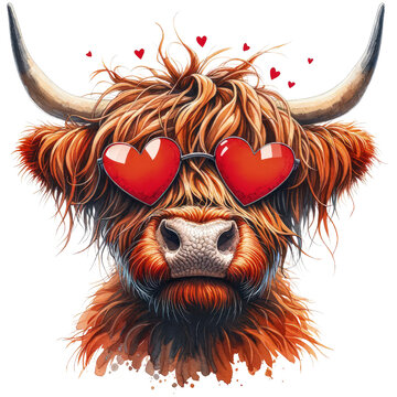 Highland Cow, Now With The Heart Dynamically Stretching Out From Its Eyes,Valentines Day,PNG,Clipart,Watercolor
Illustration,Isolated On Transparent Background