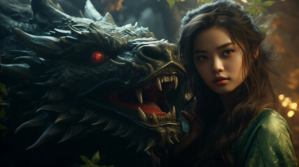 Young Asian woman next to a dragon.Chinese New Year concept