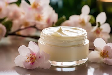 Skincare cream and flowers on the table - cosmetics for skincare.