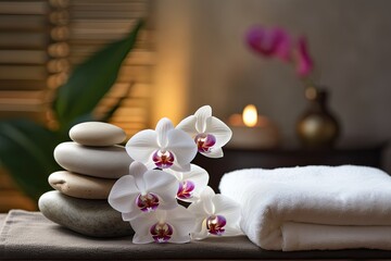 Spa ambiance with white towels, exotic plants, orchid flowers, balancing stones. Asian medicine, aroma and stone therapy for a healthy body.