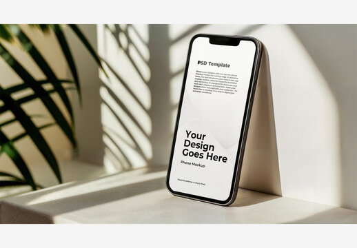 iPhone Mockup Template Screen: Smartphone Minimalist White Table with Plant and Black Frame on White Wall Background