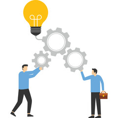 Vector illustration of business concept, people working together to create ideas, glowing light bulb pops up ideas, symbol of creativity, creative ideas, thoughts, thoughts.

