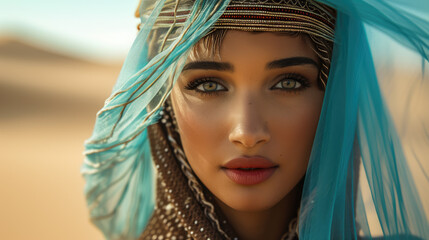 Beautiful woman on sand desert egyptian queen dunes background, beautiful girl, beauty saloon, fashion and cosmetics
