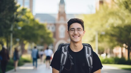 Portrait of a smiling young man standing in a university campus.