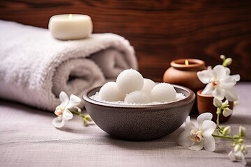 Obraz na płótnie Canvas Thai spa massage compressing balls and salt spa objects on textile background, representing the concept of wellness and relaxation.