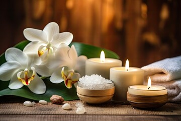 Fototapeta na wymiar Thai spa massage incorporating spa treatment, aromatherapy, and salt scrub for women's body care and relaxation in a serene setting to promote a healthy lifestyle.