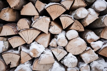 Fototapeta premium Firewood stacked in a snowy woodpile with icy snowflakes.