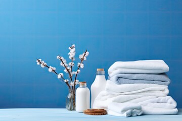 Blue background with towels and washing powder on table.