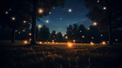 Tuinposter Enchanting Night with Fireflies and Trees - Magical Twilight Ambiance © Tessa