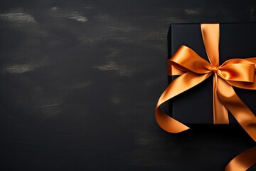 Black giftbox with orange satin ribbon bow on black background with copyspace, photographed from above.