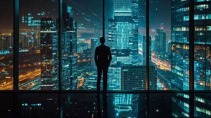 Back of silhouette businessman standing in the office watching forward to outside night cityscape with sky scrapers and blurred bokeh light background. 