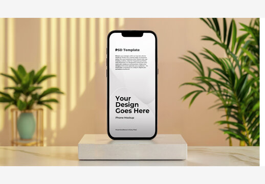 Professional Phone Mockup Template Screen on White Stand with Plant and Potted Plant on Table - Clean White Background for Stock Images
