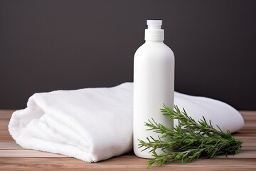 Obraz na płótnie Canvas Cosmetics bottle mockup with towels and rosemary on wooden table.