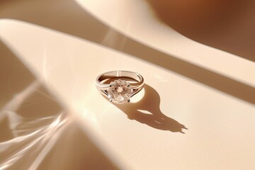 Creative photo still life of white gold ring with diamond on beige background, accentuated with shadows