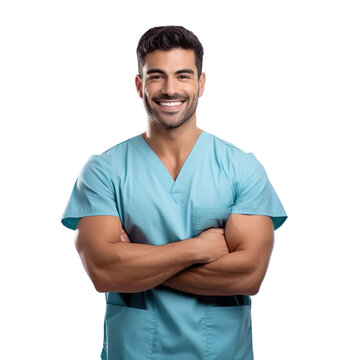 Front view of an extremely handsome Latin male model dressed as a Nurse smiling with arms folded, isolated on a white transparent background