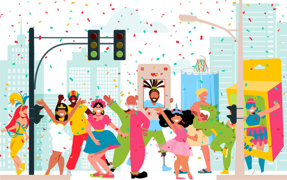 Carnival in Brazil, S&atilde;o Paulo - Costumed Revelers Jumping and Celebrating Carnival in the Streets of S&atilde;o Paulo