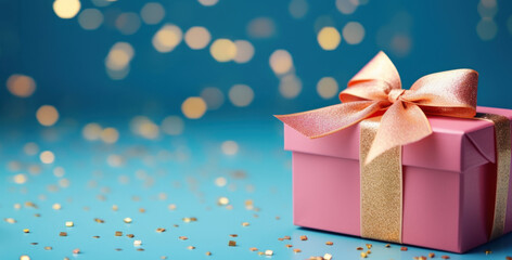 Festive pink gift box as a bonus compliment with gold ribbon on blue background and golden bokeh confetti - obrazy, fototapety, plakaty