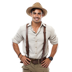 Front view of an extremely handsome Latin male model dressed as a Archaeologist smiling with arms folded, isolated on a white transparent background