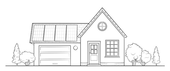 Modern family house with solar panel - stock outline illustration of a building