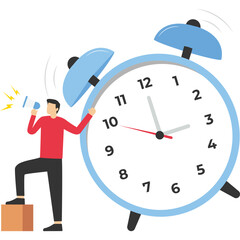 Time management at work, businessman holding megaphone standing next to big hourglass as deadline symbol. deadline concept planner flat vector illustration banner

