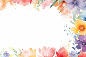 Spring may flower banner with watercolor painted frame of decorative ornament blossom patterns over white background symbolized beauty femininity mockup, may, colorful mother's day copy space for text