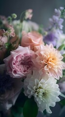 a fresh flower bouquet, mostly pastel colored flowers, elegant flower arrangement, brightly and evenly lit, photo taken by Canon RF 24mm f 1.8 Macro IS STM Lens, 8k