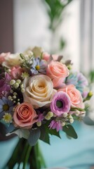 a fresh flower bouquet, mostly pastel colored flowers, elegant flower arrangement, brightly and evenly lit, photo taken by Canon RF 24mm f 1.8 Macro IS STM Lens, 8k