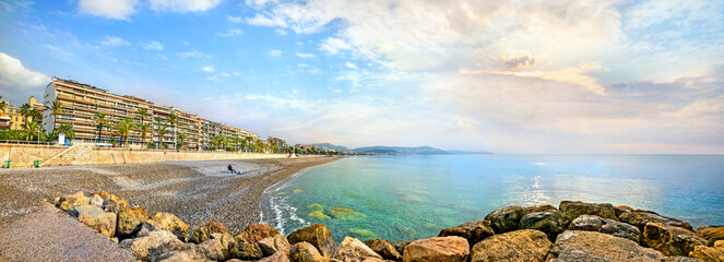 Panoramic landscape with coastline along Promenade des Anglais in Nice. Cote d'Azur, French...