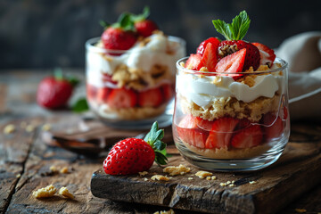Two glasses of strawberry trifle with mascarpone. - Powered by Adobe