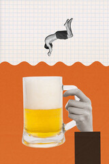 Creative vertical collage picture retro arm hold beer glass crazy guy jumping diving into foam...