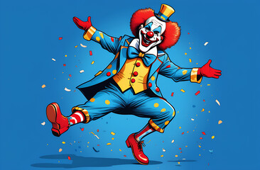 A cheerful clown on a blue background stands on one leg, with confetti scattered around. April Fool's Day Concept