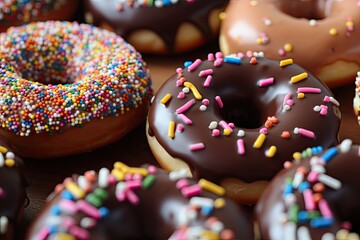 Fototapeta na wymiar Zoom in on chocolate and sprinkle covered donuts
