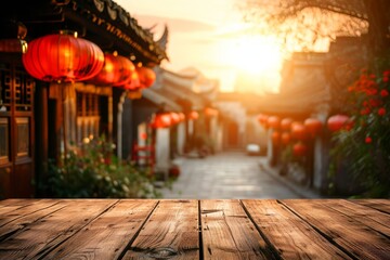 empty wooden table, blurred Chinese houses background, new year 2024, Chinese New Year - obrazy, fototapety, plakaty
