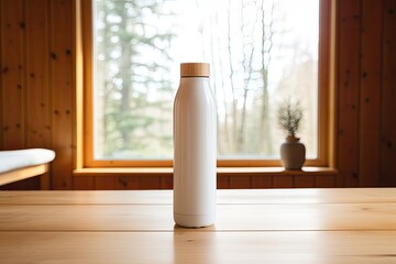 Thermos bottle on wooden table indoors