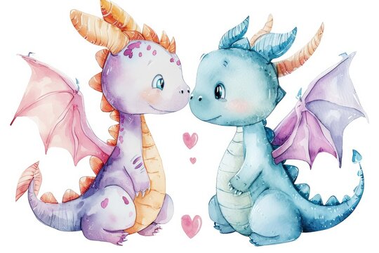 cute pastel of two little dragons character, valentine day elements, watercolor, white background