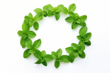 Wreath made of mint leaves on white background. Peppermint set. Mint pattern. Flat lay. Top view.