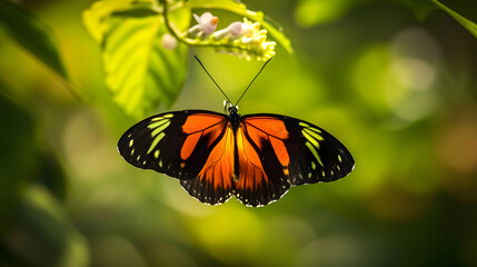 Fototapeta na wymiar Monarch Butterfly Perched on Blossom Against Lush Green Background