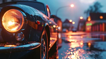 Tuinposter Vintage Car Headlight and Reflections on Wet Street at Night © HappyKris