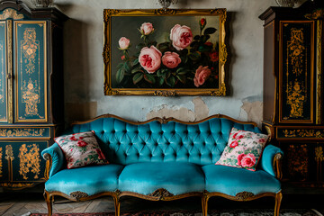 A genuine photograph capturing the elegance of an antique cabinet adorned with porcelain decorations, complemented by paintings featuring roses, all set against the backdrop of a blue sofa in a living