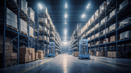 Modern Warehouse Interior with Automated Pallet Delivery System, Industrial Storage, Logistics, and Distribution Center Background,Smart warehouse,warehouse technology - obrazy, fototapety, plakaty