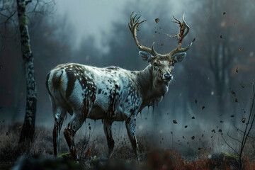 The concept of a deer infected with a zombie virus. Zombie virus pandemic