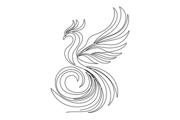 Abstract Phoenix Outline Bird Curve Portrait. One Line Drawn Phoenix Fantasy Bird Sketch Silhouette Logo. Line Drawn Editable Magic Mascot Bird Portrait isolated on White Background