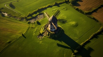 An old windmill in the Europa fields from above. - obrazy, fototapety, plakaty