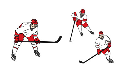 Ice hockey players in red uniforms. This is a hand-drawn illustration.